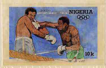 Nigeria 1984 Los Angeles Olympic Games - original hand-painted artwork for 10k value (Boxers) by Francis Nwaije Isibor, on card 8.5" x 5" without endorsements