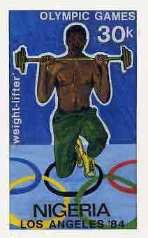 Nigeria 1984 Los Angeles Olympic Games - original hand-painted artwork for 30k value (Weightlifting) by unknown artist, on card 5