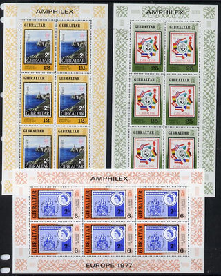 Gibraltar 1977 'Amphilex 77' Stamp Exhibition set of 3 sheetlets each containing 6 values, unmounted mint SG 390-92