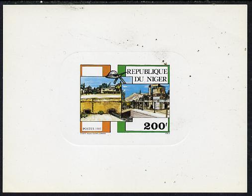 Niger Republic 1985 Philexafrique deluxe die proof of 200f (Mining) on sunken card, as SG 1035