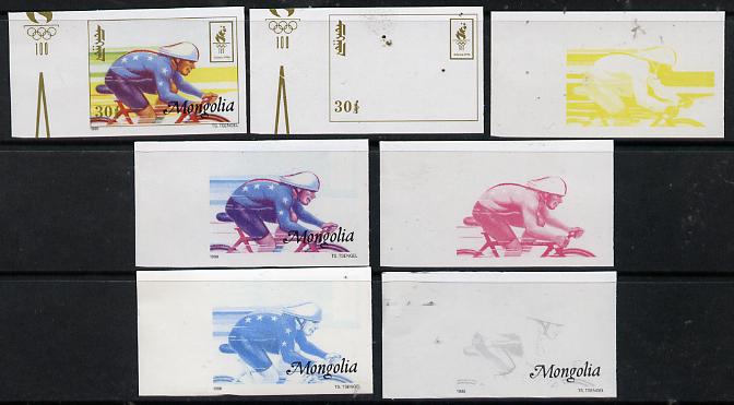 Mongolia 1996 Atlanta Olympics 30t (Cycling) set of 7 imperf progressive proofs comprising the 5 individual colours plus 2 and 3-colour composites unmounted mint