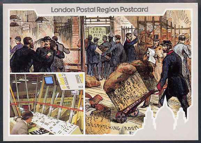 Postcard of Postal Centenary (London Postal region card LPR 4) used with illustrated Parcel Centenary cancel