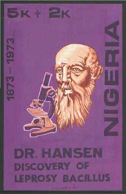 Nigeria 1973 Centenary of Discovery of Leprosy Bacillus - original hand-painted artwork for 5k + 2k value (Showing Dr Hansen & Microscope) by unknown artist on card 6
