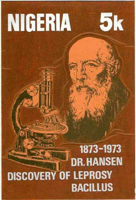 Nigeria 1973 Centenary of Discovery of Leprosy Bacillus - original hand-painted artwork for 5k value (Showing Dr Hansen & Microscope) by Olajide I Oshiga on card 6