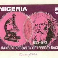 Nigeria 1973 Centenary of Discovery of Leprosy Bacillus - original hand-painted artwork for 5k value (Showing Dr Hansen & Microscope) by Olajide I Oshiga on card 9.5" x 6" endorsed 'unacceptable'
