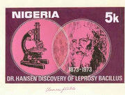 Nigeria 1973 Centenary of Discovery of Leprosy Bacillus - original hand-painted artwork for 5k value (Showing Dr Hansen & Microscope) by Olajide I Oshiga on card 9.5" x 6" endorsed 'unacceptable'