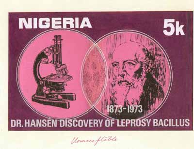 Nigeria 1973 Centenary of Discovery of Leprosy Bacillus - original hand-painted artwork for 5k value (Showing Dr Hansen & Microscope) by Olajide I Oshiga on card 9.5