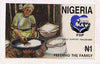 Nigeria 1995 Family Support Programme - original hand-painted artwork for N1 value (Woman preparing food) by NSP&MCo Staff Artist Mrs A O Adeyeye on board 8.5" x 5" endorsed A3 and signed on back