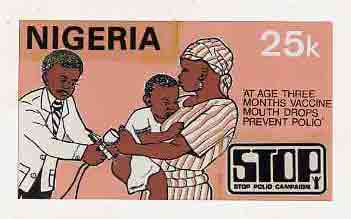 Nigeria 1984 Stop Polio Campaign - original hand-painted artwork for 25k value (Child receiving vaccine) by unknown artist on board 8.5