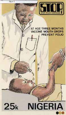 Nigeria 1984 Stop Polio Campaign - original hand-painted artwork for 25k value (Child receiving vaccine) by NSP&MCo Staff Artist Olukoya Ogunfowora on card 5