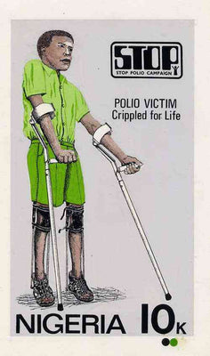 Nigeria 1984 Stop Polio Campaign - original hand-painted artwork for 10k value (Polio Victim) by NSP&MCo Staff Artist Olukoya Ogunfowora on card 5