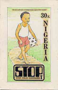 Nigeria 1984 Stop Polio Campaign - original hand-painted artwork for 30k value (Healthy Child) by Francis Nwaije Isibor on card 5