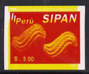 Peru 1994 Jewels from Sipan (2nd Series) imperf proof comprising red colour only from 3s value (gold trinkets) with yellow from 5s value sideways and doubled (one inverted) unmounted mint & spectacular*