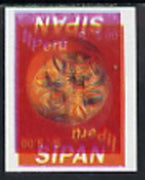 Peru 1994 Jewels from Sipan (2nd Series) 5s value,(gold mask) imperf proof comprising red and blue colours upright plus red and yellow inverted, a lovely mess (as SG 1831)*