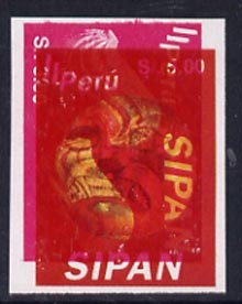 Peru 1994 Jewels from Sipan (2nd Series) 5s value,(gold mask) imperf proof comprising red, blue and yellow colours upright plus red from 3s value sideways unmounted mint as SG 1831*