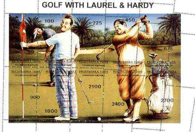 Touva 1995 Golf with Laurel & Hardy composite sheet containing complete set of 10 with perforations dramatically misplaced, a superb variety unmounted mint
