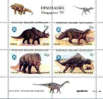 Easdale 1995 'Singapore 95' Stamp Exhibition (Dinosaurs #2 - Cretaceous Period) perf sheetlet containing set of 4 with misplaced perforations unmounted mint