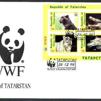 Tatarstan Republic 1996 WWF imperf sheetlet containing complete set of 4 (Big Cats & Crocodiles) on illustrated cover with first day cancel