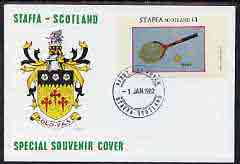 Staffa 1982 Sports Accessories (Tennis Racket) imperf souvenir sheet (£1 value) on illustrated cover with first day cancellation