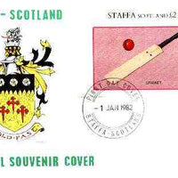 Staffa 1982 Sports Accessories (Cricket Bat) imperf deluxe sheet (£2 value) on illustrated cover with first day cancellation