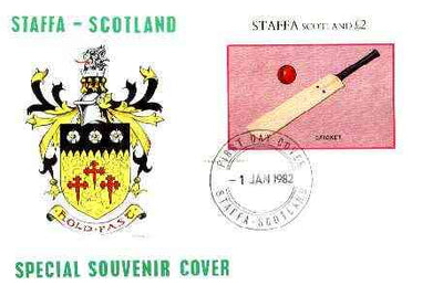 Staffa 1982 Sports Accessories (Cricket Bat) imperf deluxe sheet (£2 value) on illustrated cover with first day cancellation