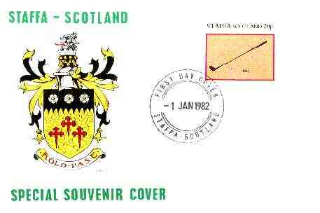 Staffa 1982 Sports Accessories 20p (Golf) perf single on illustrated cover with first day cancellation