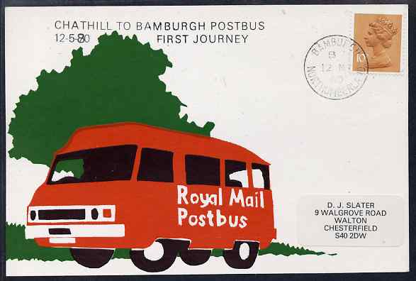 Postcard of Royal Mail Postbus (privately produced) used for first journey of Chathill to Bamburgh Service (handstamp with 1970 date error corrected to 1980)