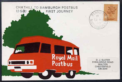 Postcard of Royal Mail Postbus (privately produced) used for first journey of Chathill to Bamburgh Service (handstamp with 1970 date error corrected to 1980)