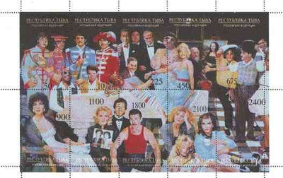 Touva 1995 Superstars Montage 10 value perf sheetlet with composite design showing,Beatles, Elvis, Marilyn Monroe, Brando, Chaplin, M Jackson, Liz Taylor, Freddie Mercury, Madonna, Satchmo, Stevie Wonder, Bogart, Eric C, G Marx, B……Details Below