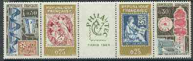 France 1964 'Philatec 1964' Stamp Exhibition strip of 4 with label unmounted mint, SG 1643a