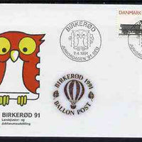 Denmark 1991 'Birkerod 91' Balloon Post souvenir Owl cover with Railway 3.50 stamp with special cancel and cachets