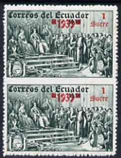 Ecuador 1939 the unissued Columbus 1 sucre value vert pair imperf between, unmounted but slight signs of ageing on gum