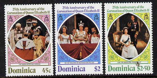 Dominica 1978 Coronation 25th Anniversary perf 14 set of 3 unmounted mint from sheets, SG 612-4