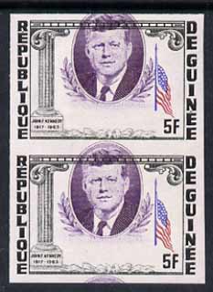 Guinea - Conakry 1964 Kennedy Memorial 5f imperf proof pair with portrait misplaced 5mm unmounted mint, as SG 426