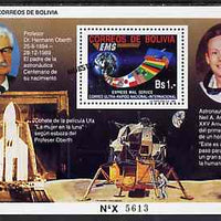 Bolivia 1993 Space Achievements perf m/sheet featuring Mail Service stamp opt'd MUESTRA unmounted mint