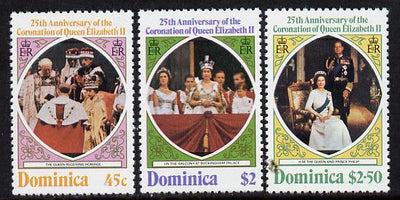 Dominica 1978 Coronation 25th Anniversary perf 12 set of 3 from sheetlets unmounted mint, SG 612-4