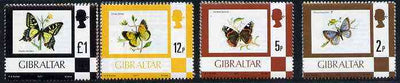 Gibraltar 1977 Butterflies, the 4 values from def set (2p, 5p, 12p & £1) unmounted mint SG 376, 380, 384 & 388*
