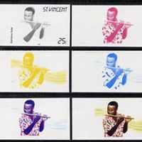 St Vincent 1985 Musical Instruments 25c (Bamboo Flute) set of 6 imperf progressive proofs comprising the 4 individual colours plus 2 & 3 colour composites (as SG 905)