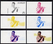 St Vincent 1985 Musical Instruments 25c (Bamboo Flute) set of 6 imperf progressive proofs comprising the 4 individual colours plus 2 & 3 colour composites (as SG 905)