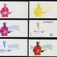 St Vincent 1985 Musical Instruments 35c (Quatro 4-stringed guitar) set of 6 imperf progressive proofs comprising the 4 individual colours plus 2 & 3 colour composites (as SG 906)