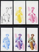 St Vincent 1985 Musical Instruments $2 (Goat-Skin Drum) set of 6 imperf progressive proofs comprising the 4 individual colours plus 2 & 3 colour composites (as SG 908)