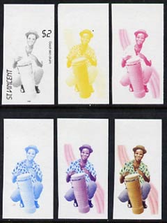 St Vincent 1985 Musical Instruments $2 (Goat-Skin Drum) set of 6 imperf progressive proofs comprising the 4 individual colours plus 2 & 3 colour composites (as SG 908)