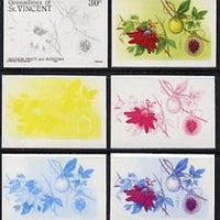 St Vincent - Grenadines 1985 Fruits & Blossoms 30c (Passion Fruit) set of 6 imperf progressive proofs comprising the 4 individual colours plus 2 & 3 colour composites (as SG 398) unmounted mint