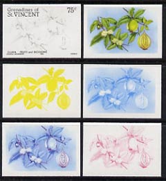 St Vincent - Grenadines 1985 Fruits & Blossoms 75c (Guava) set of 6 imperf progressive proofs comprising the 4 individual colours plus 2 & 3 colour composites (as SG 399) unmounted mint