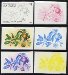 St Vincent - Grenadines 1985 Fruits & Blossoms $1 (Sapodilla) set of 6 imperf progressive proofs comprising the 4 individual colours plus 2 & 3 colour composites (as SG 400) unmounted mint