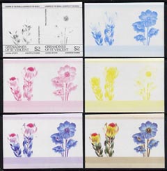 St Vincent - Grenadines 1985 Flowers (Leaders of the World) $2 the set of 6 imperf progressive proofs in se-tenant pairs comprising the 4 individual colours plus 2 and 3-colour composites (as SG 376a) unmounted mint