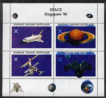 Easdale 1995 'Singapore 95' Stamp Exhibition (Space Exploration) sheetlet containing perf set of 4 rejected by printer due to over-inking (blue) unmounted mint