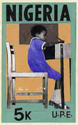 Nigeria 1976 Universal Primary Education - original hand-painted artwork for 5k value showing child writing at desk, by Sylva O Okereke, on card 5.5" x 9.5" endorsed B2