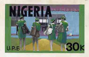Nigeria 1976 Universal Primary Education - original hand-painted artwork for 30k value showing children entering school, by Sylva O Okereke, on card 9.5