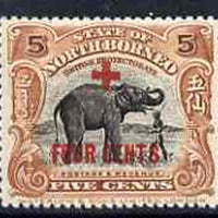 North Borneo 1915 Elephant 5c plus 4c Red Cross surch unmounted mint, SG 239*